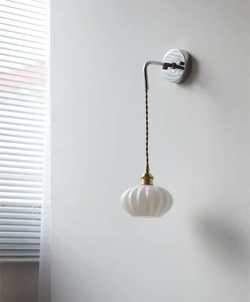 Vintage brass ceramic led wall lamp bedroom ribbed glass sconce