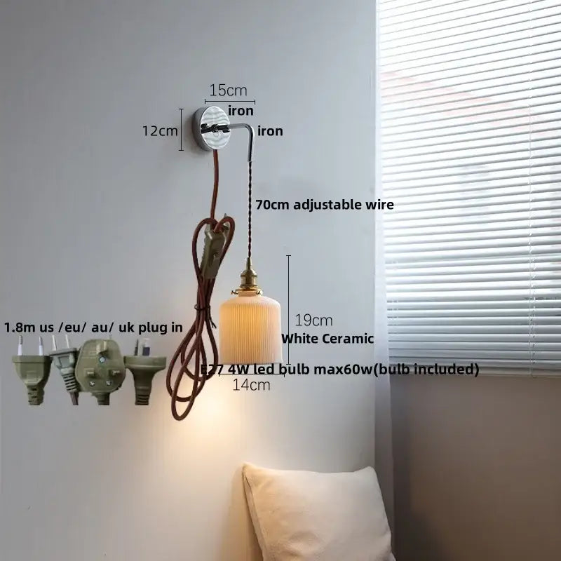 Vintage brass ceramic led wall lamp bedroom ribbed glass sconce