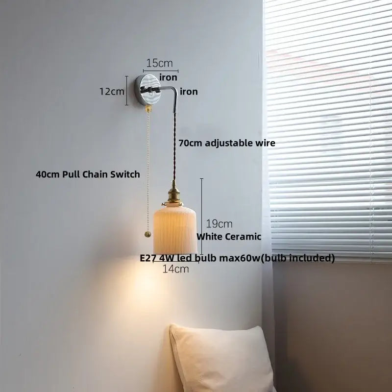 Vintage brass ceramic led wall lamp bedroom ribbed glass sconce