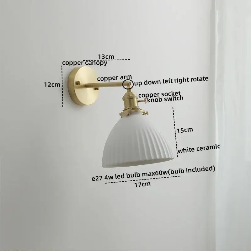 Vintage brass ceramic led wall light with ribbed glass bedroom sconce