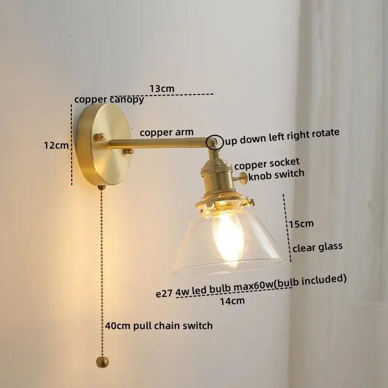 Vintage brass ceramic led wall light with ribbed glass bedroom sconce