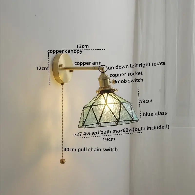 Vintage brass ceramic led wall light with ribbed glass bedroom sconce