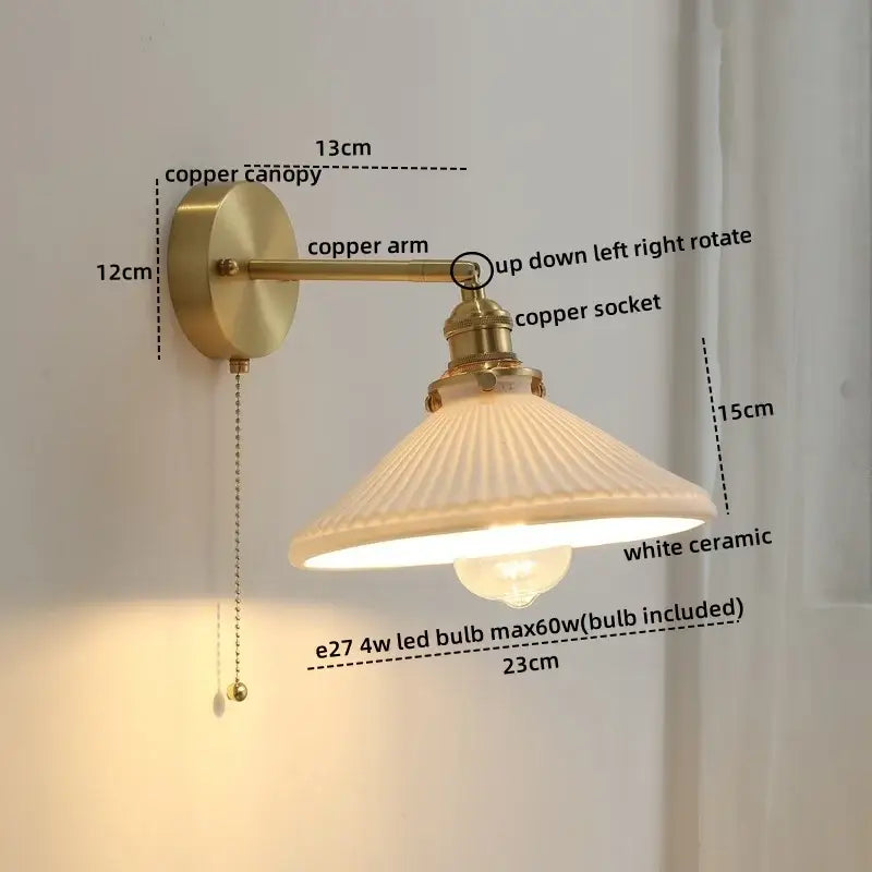 Vintage brass ceramic led wall light with ribbed glass bedroom sconce