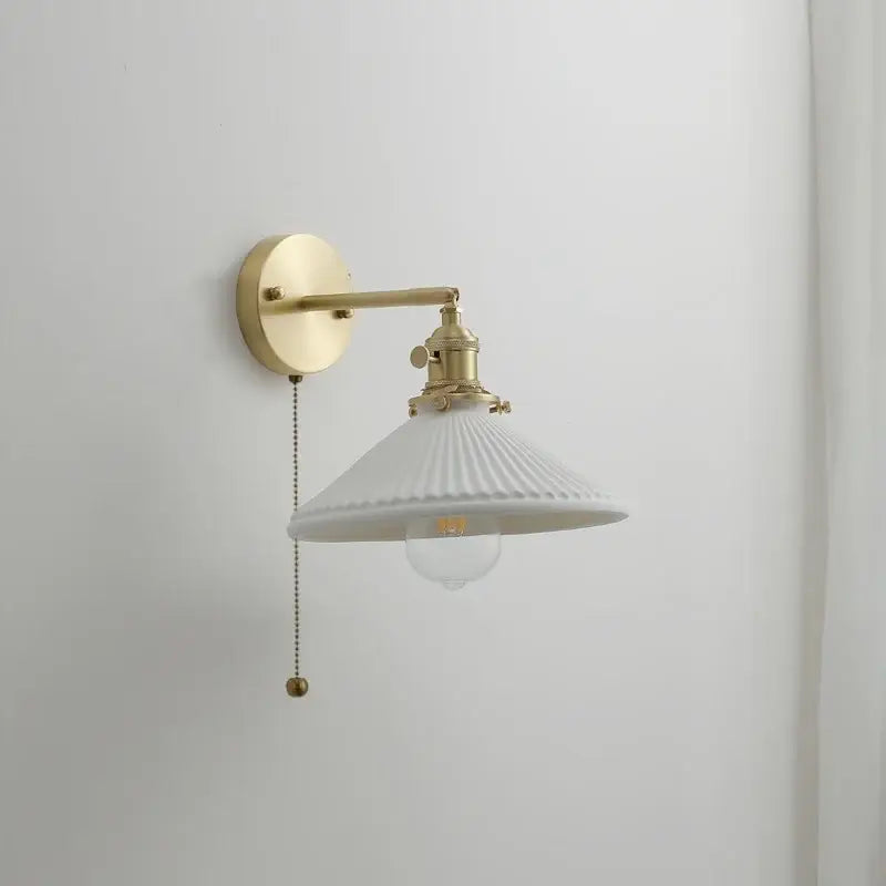 Vintage brass ceramic led wall light with ribbed glass bedroom sconce