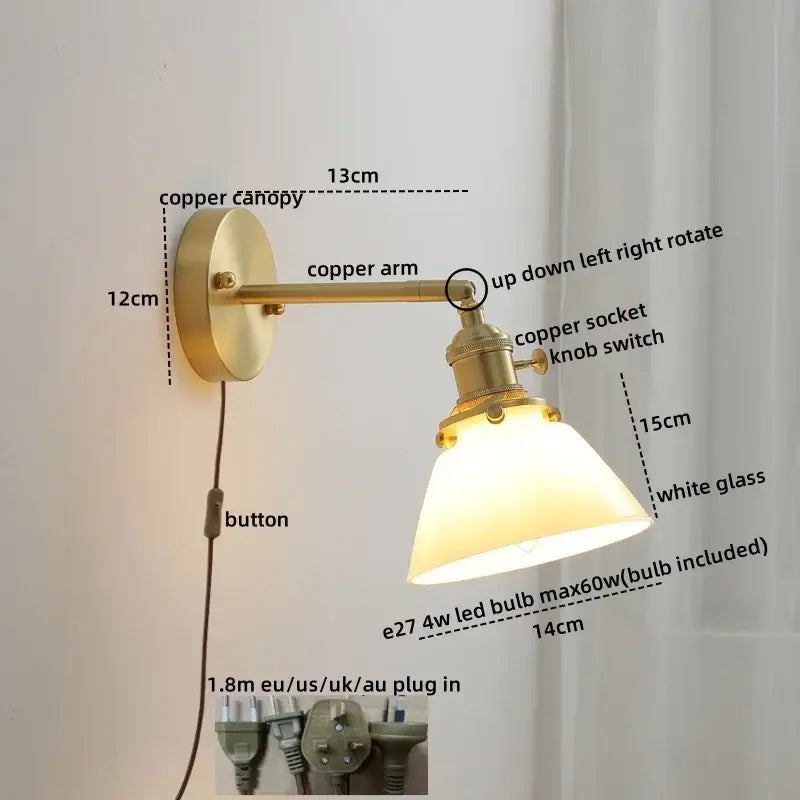 Vintage brass ceramic led wall light with ribbed glass bedroom sconce