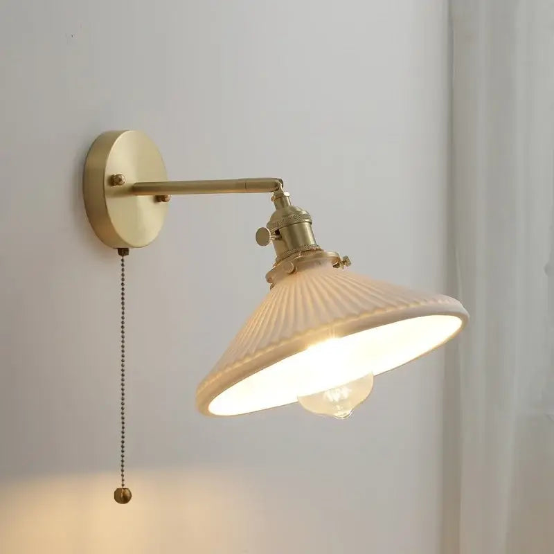 Vintage brass ceramic led wall light with ribbed glass bedroom sconce