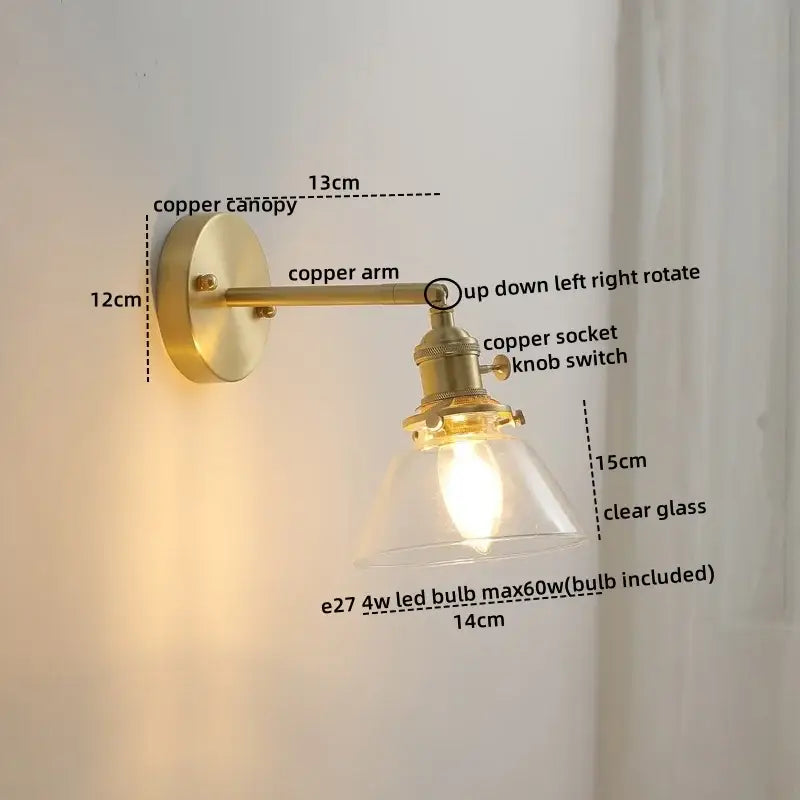 Vintage brass ceramic led wall light with ribbed glass bedroom sconce