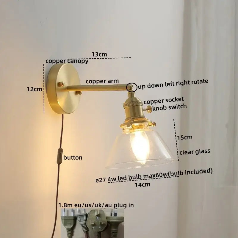 Vintage brass ceramic led wall light with ribbed glass bedroom sconce