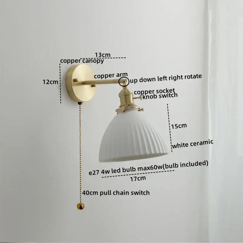 Vintage brass ceramic led wall light with ribbed glass bedroom sconce