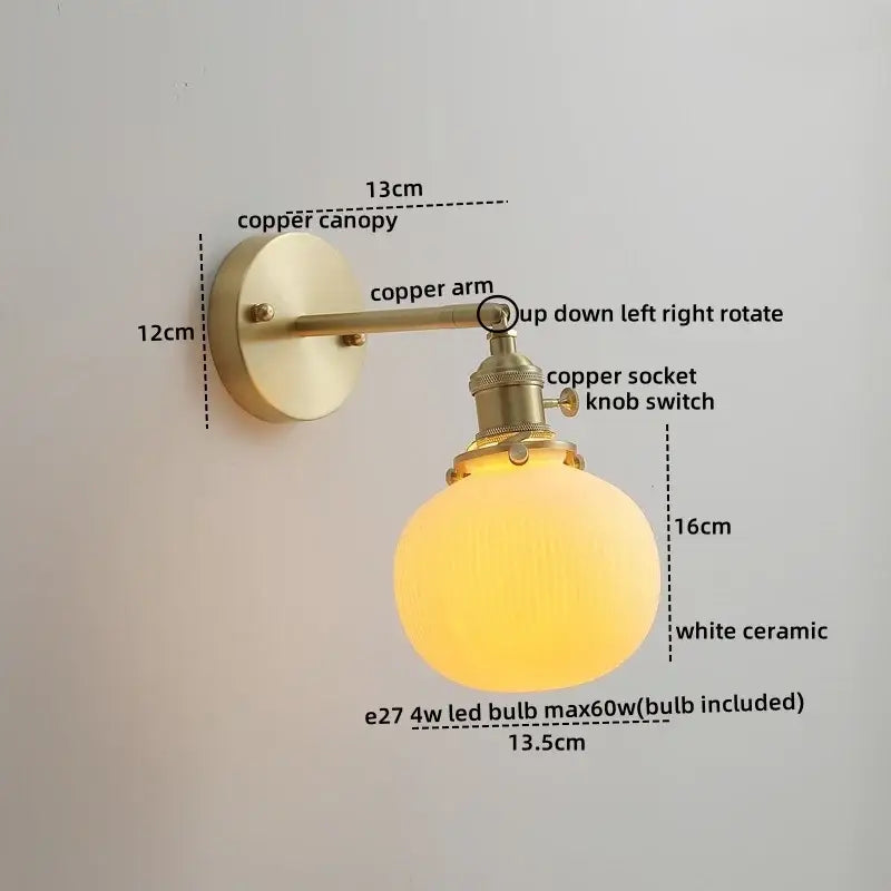 Vintage brass ceramic led wall light with ribbed glass bedroom sconce
