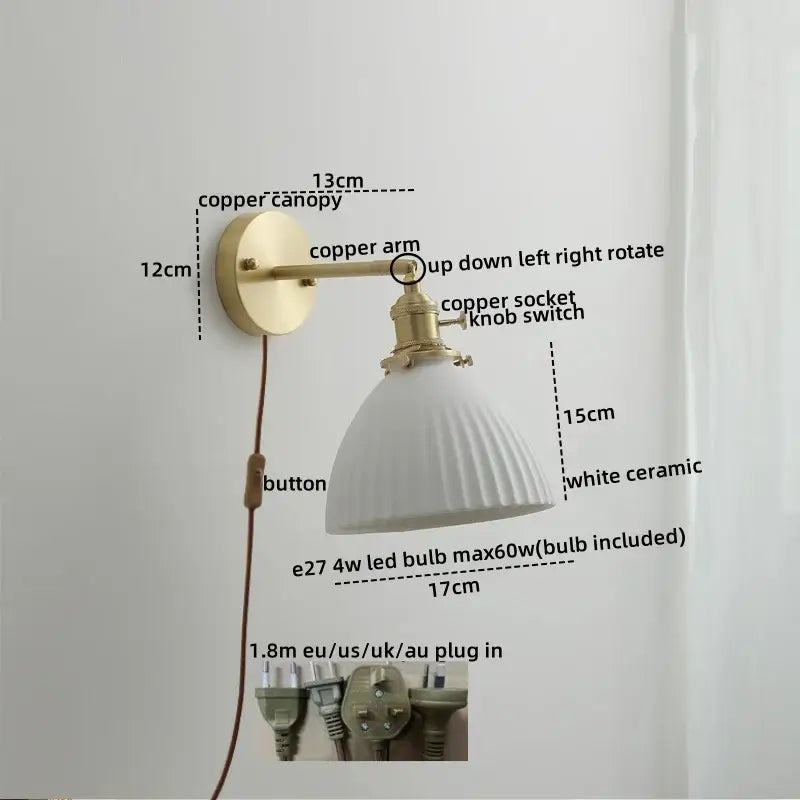 Vintage brass ceramic led wall light with ribbed glass bedroom sconce