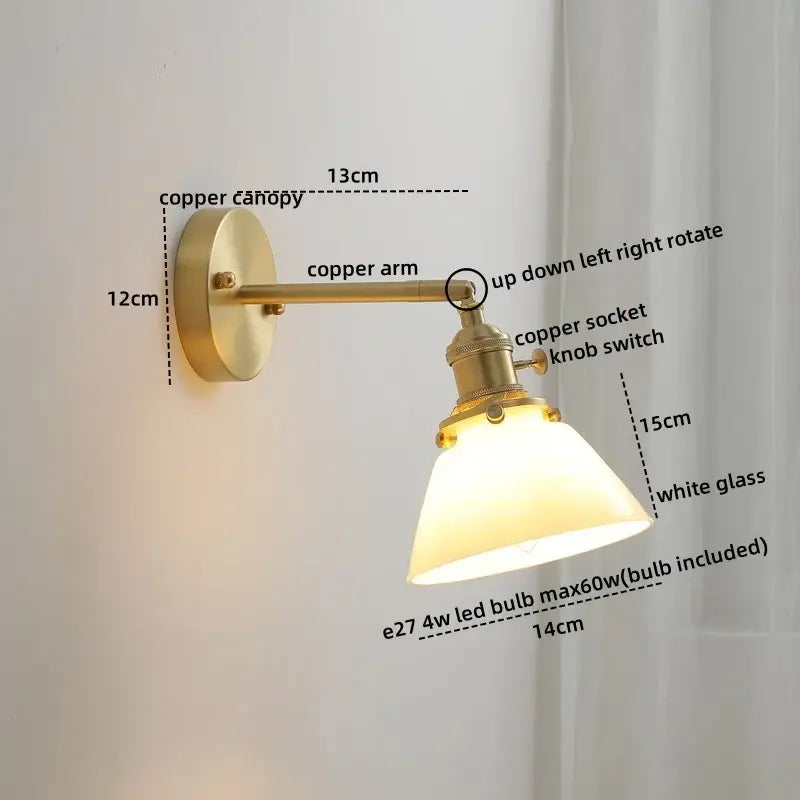 Vintage brass ceramic led wall light with ribbed glass bedroom sconce