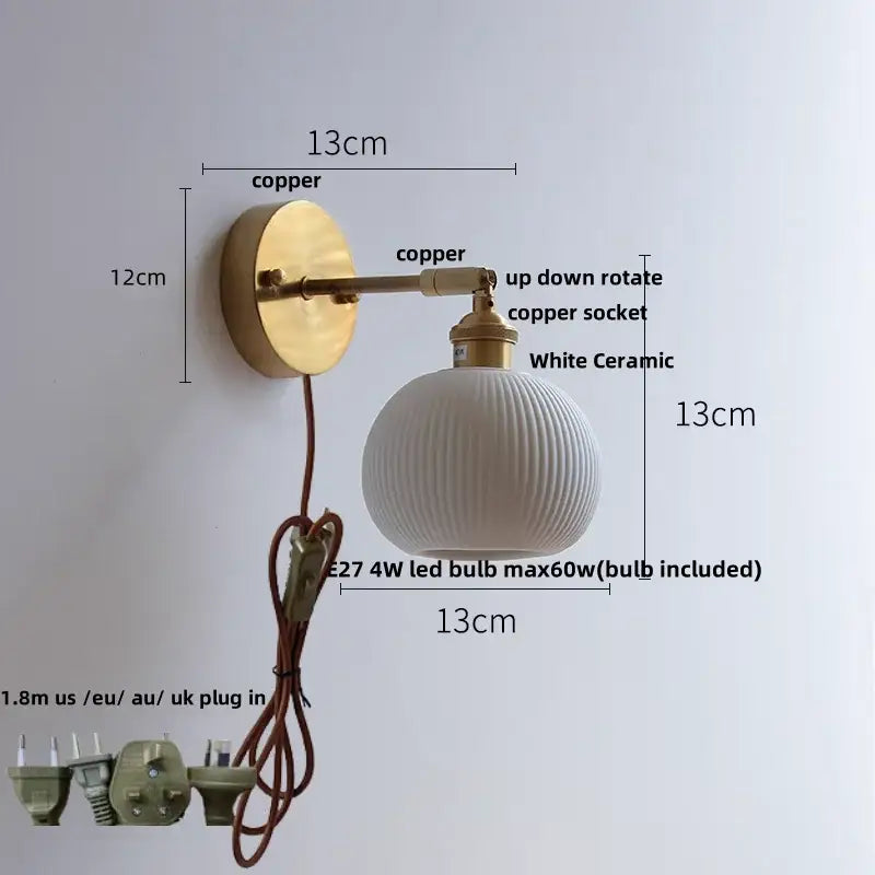 Vintage brass ceramic led wall lights bedroom ruffled glass shade