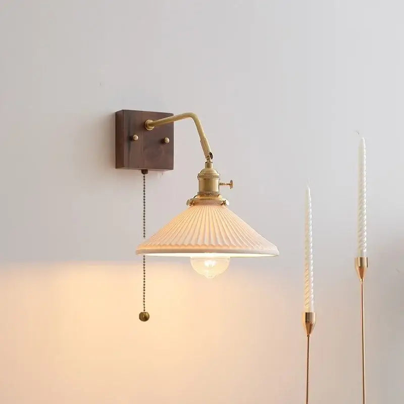Vintage brass ceramic led wall sconce bedroom scalloped glass light