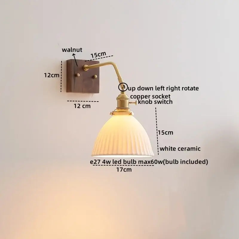 Vintage brass ceramic led wall sconce bedroom scalloped glass light