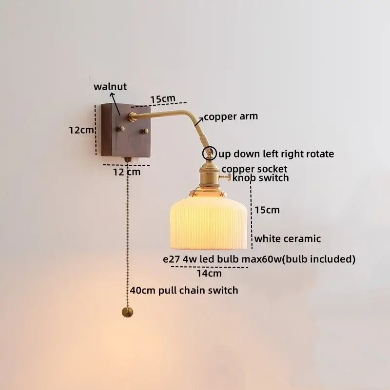 Vintage brass ceramic led wall sconce bedroom scalloped glass light