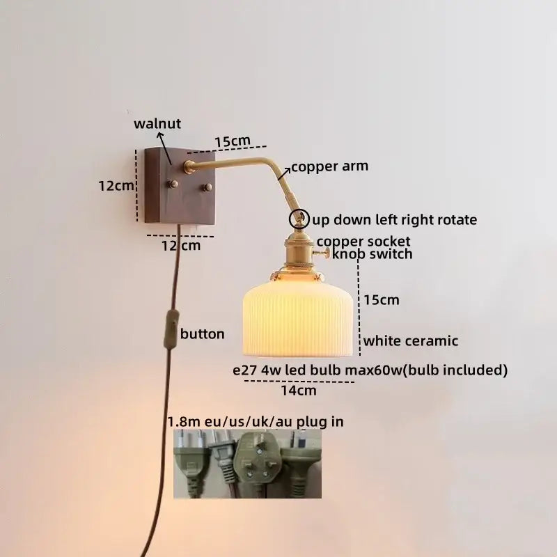 Vintage brass ceramic led wall sconce bedroom scalloped glass light