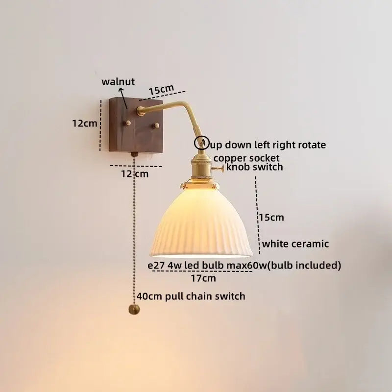 Vintage brass ceramic led wall sconce bedroom scalloped glass light