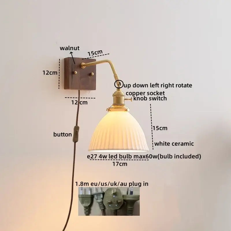 Vintage brass ceramic led wall sconce bedroom scalloped glass light