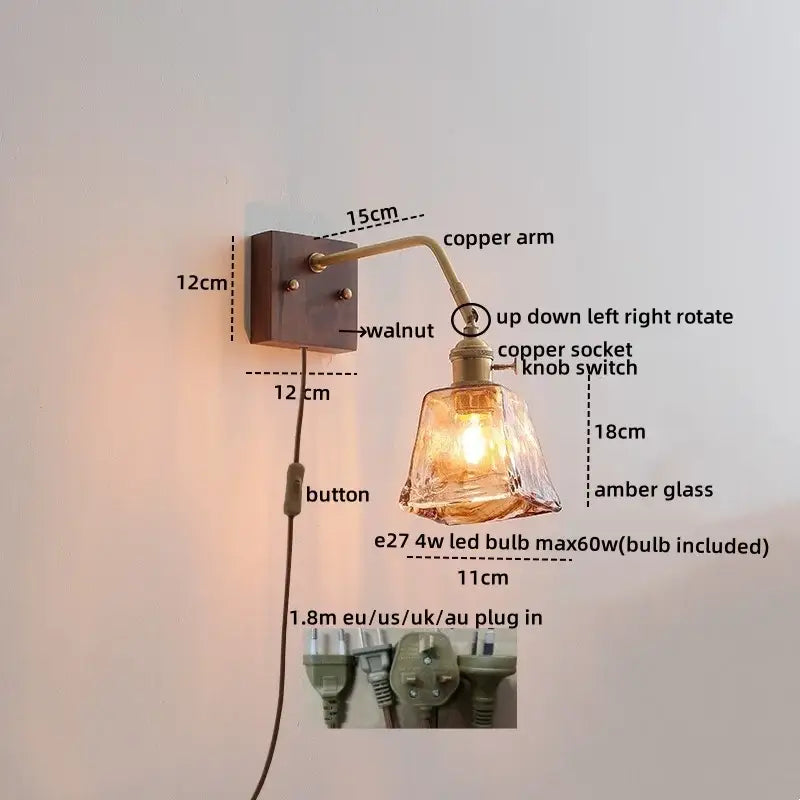 Vintage brass ceramic led wall sconce bedroom scalloped glass light