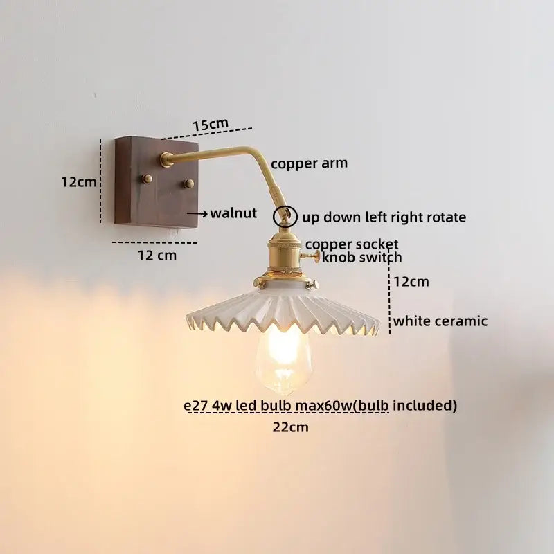 Vintage brass ceramic led wall sconce bedroom scalloped glass light