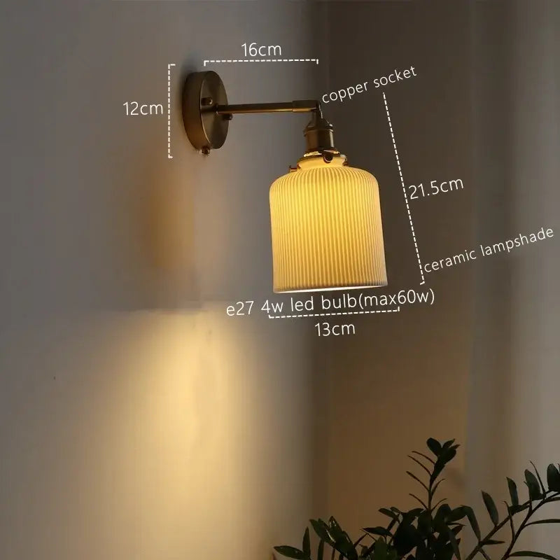 Vintage brass ceramic led wall sconce with ribbed glass for bedroom