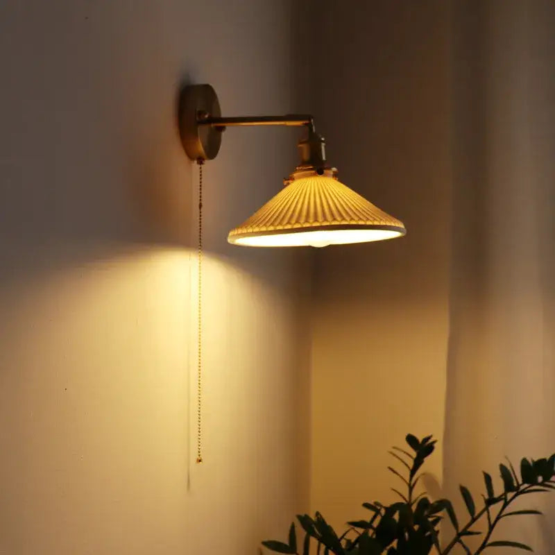 Vintage brass ceramic led wall sconce with ribbed glass for bedroom