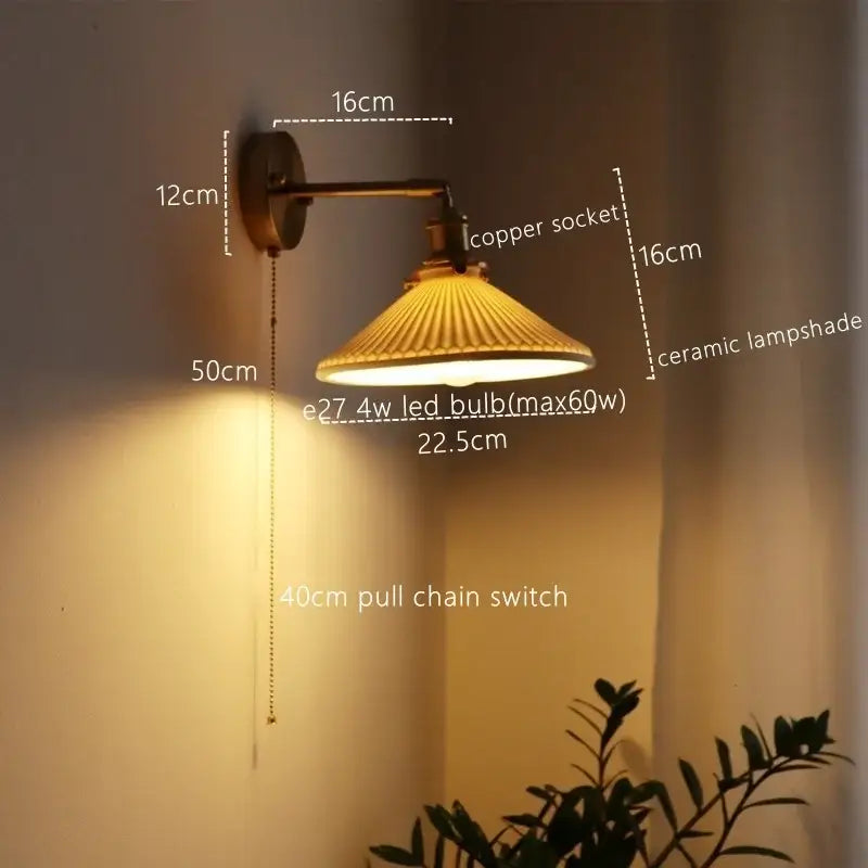 Vintage brass ceramic led wall sconce with ribbed glass for bedroom