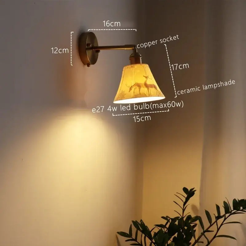Vintage brass ceramic led wall sconce with ribbed glass for bedroom