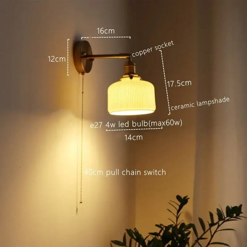 Vintage brass ceramic led wall sconce with ribbed glass for bedroom