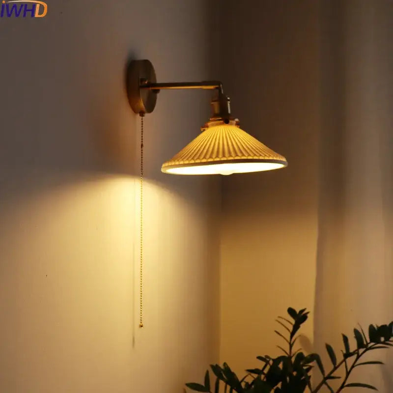 Vintage brass ceramic led wall sconce with ribbed glass for bedroom