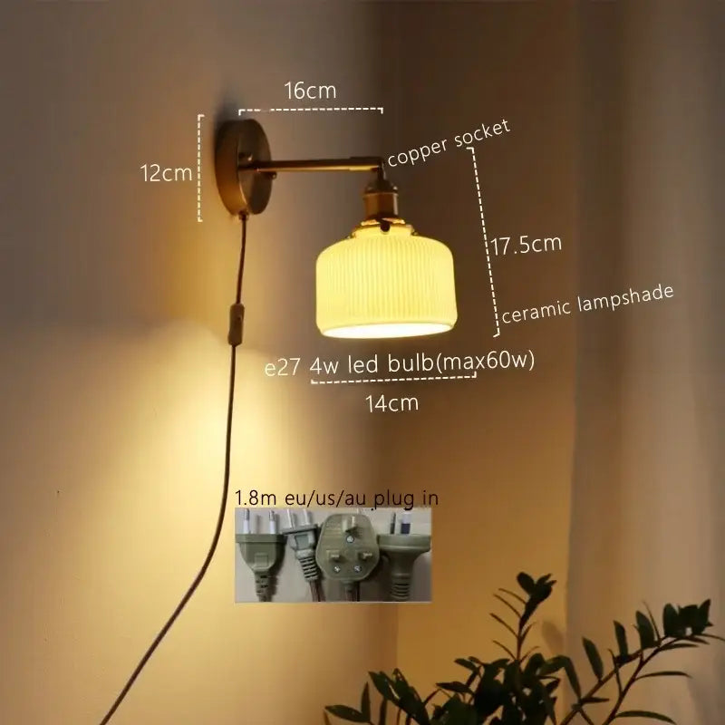 Vintage brass ceramic led wall sconce with ribbed glass for bedroom