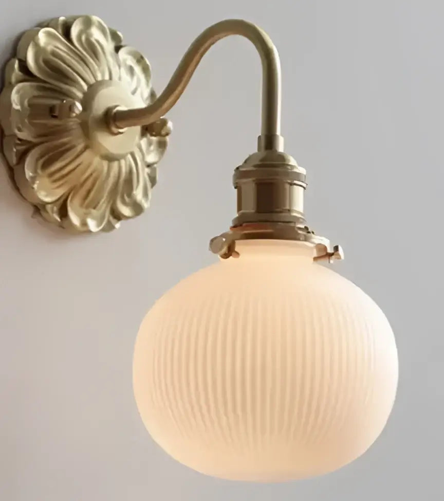 Vintage brass ceramic wall lamp with ribbed glass shade for bedroom