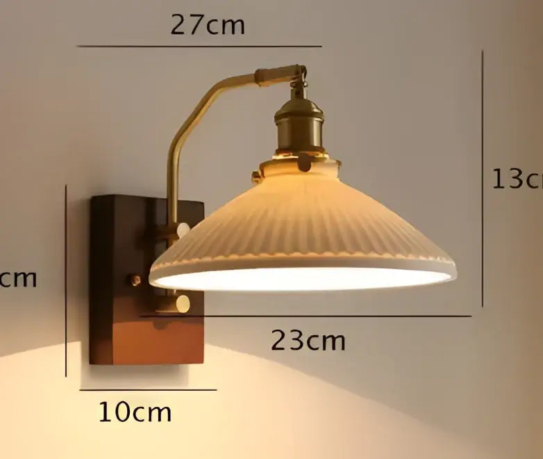 Vintage brass ceramic wall lamp with ribbed glass shade for bedroom