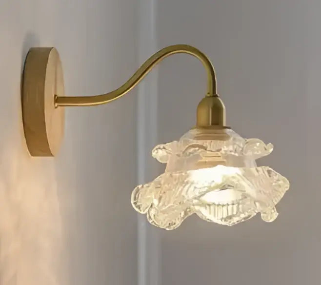 Vintage brass ceramic wall lamp with ribbed glass shade for bedroom