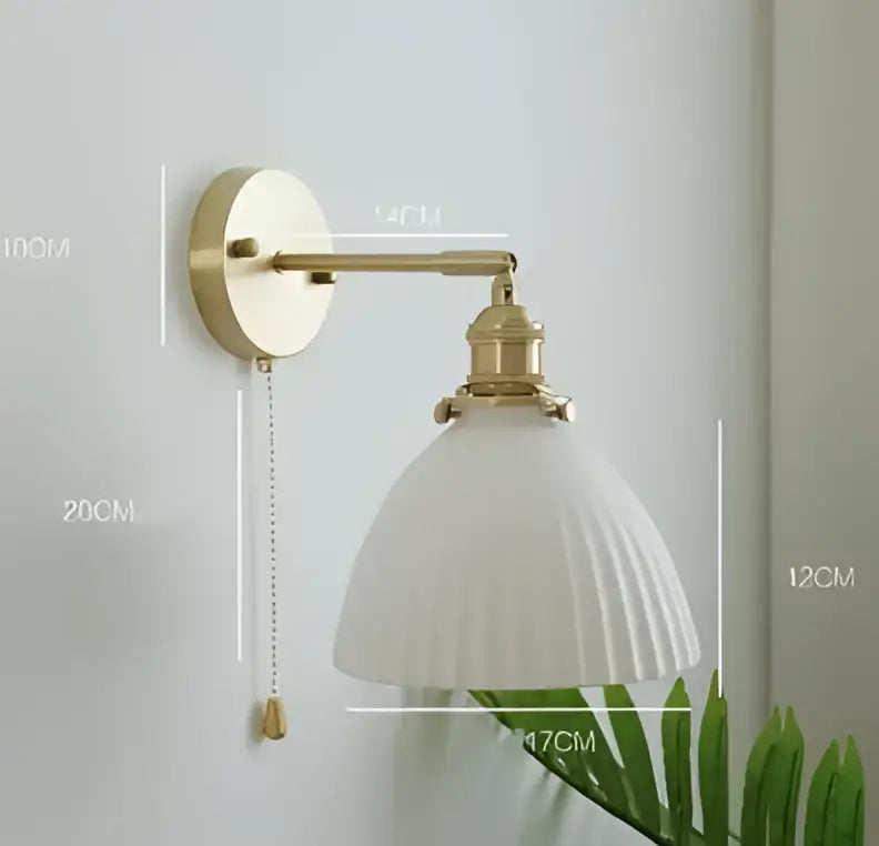 Vintage brass ceramic wall lamp with ribbed glass shade for bedroom