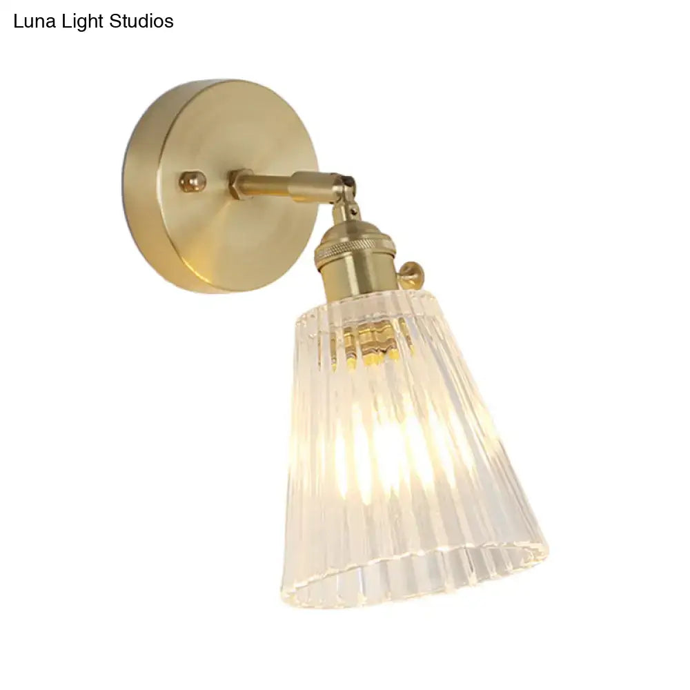 Vintage brass clear ribbed glass wall sconce bedroom led light