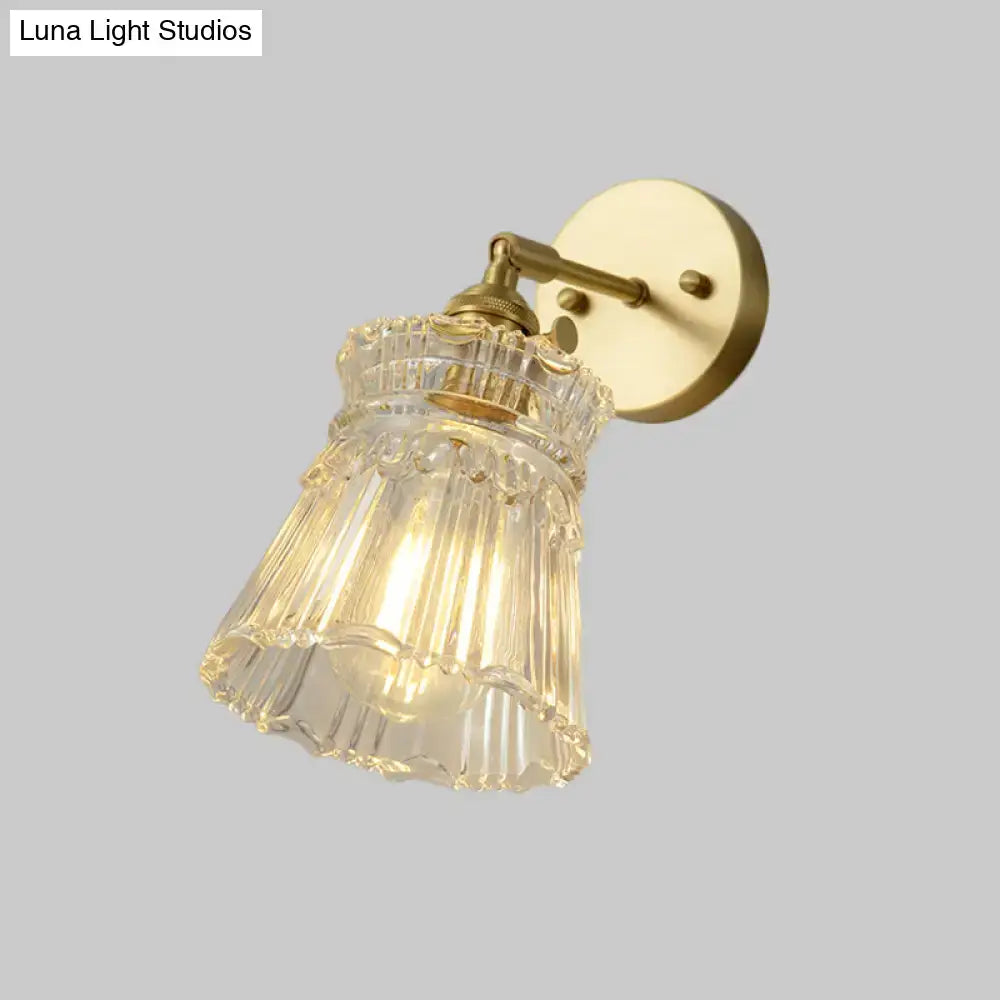 Vintage brass clear ribbed glass wall sconce bedroom led light