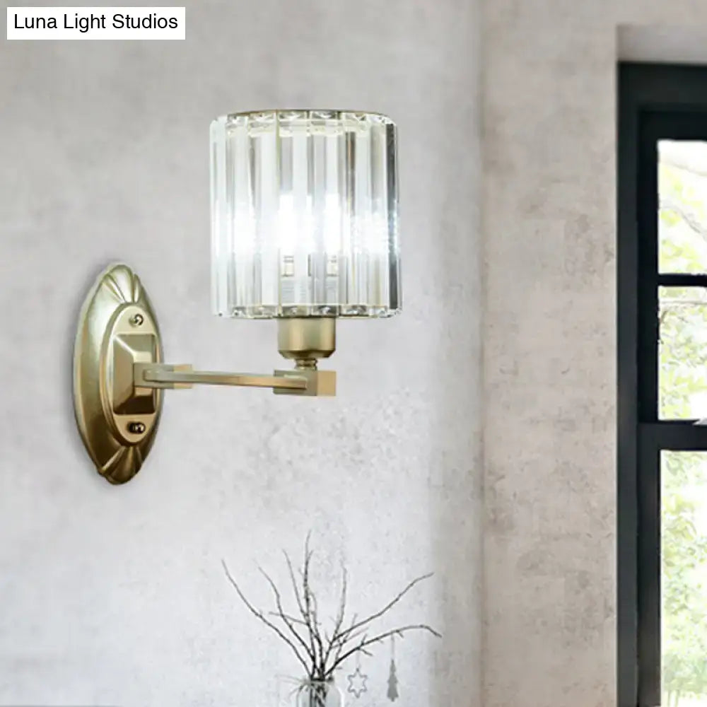 Vintage brass crystal wall light fixture with brass finish and ridged glass shade, 12 inches tall for living room