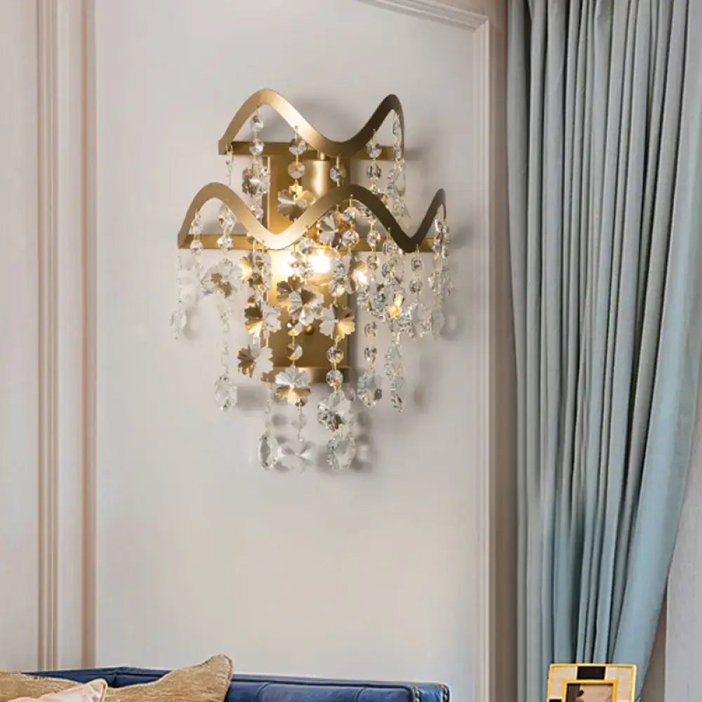 Vintage brass crystal wall sconce bedroom direct wired light