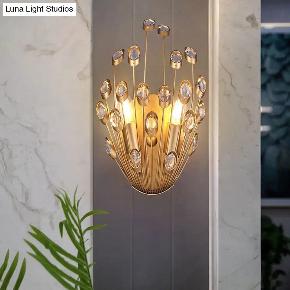 Vintage brass peacock tail design crystal wall lamp bedroom sconce