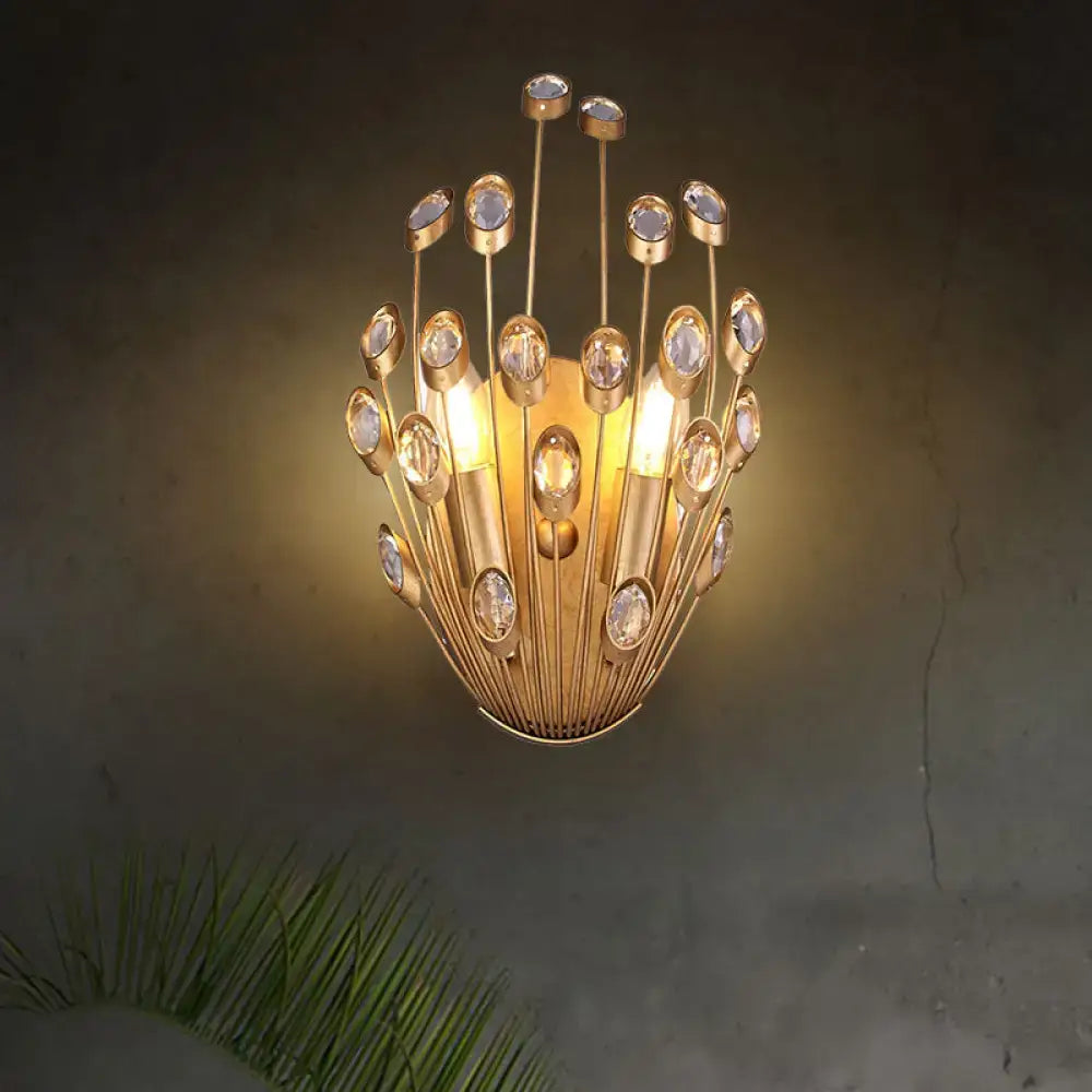 Vintage brass peacock tail design crystal wall lamp bedroom sconce