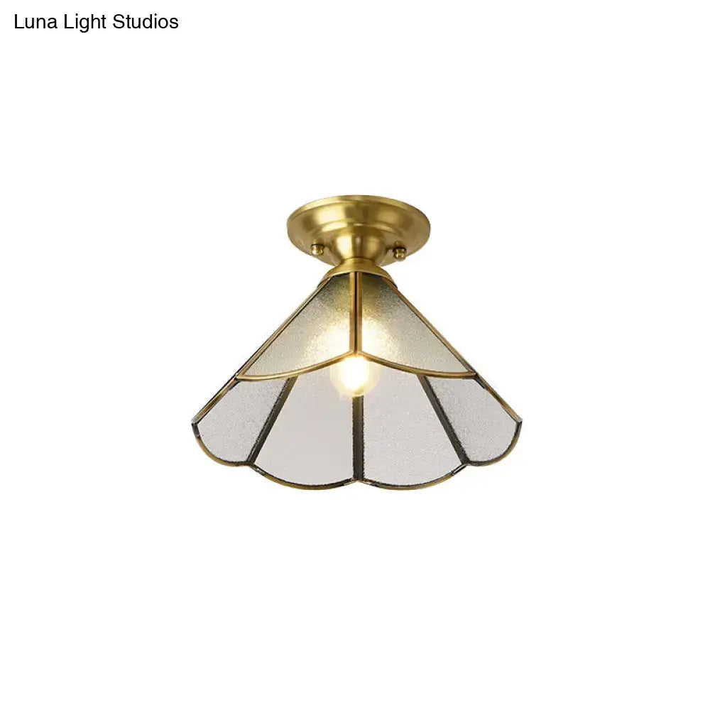 Vintage brass scallop semi flush mount bedroom light with etched glass
