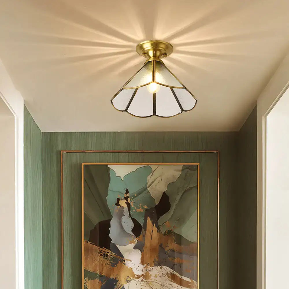Vintage brass scallop semi flush mount bedroom light with etched glass