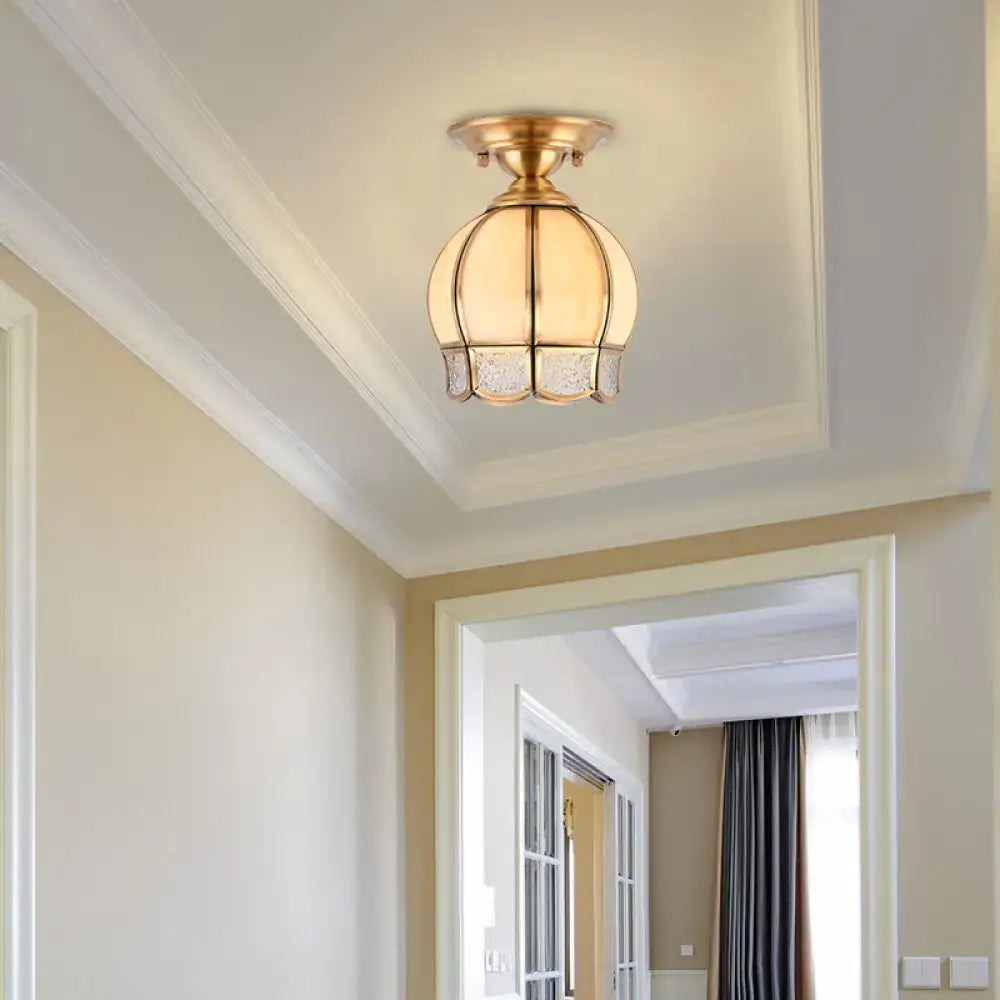Vintage brass scallop semi flush mount bedroom light with etched glass