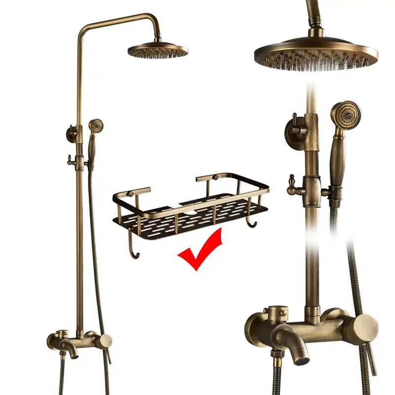 Vintage brass shower faucet mixer set bathroom rainfall head shelf