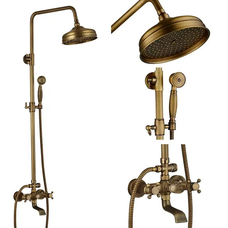 Vintage brass shower faucet mixer set bathroom rainfall head shelf