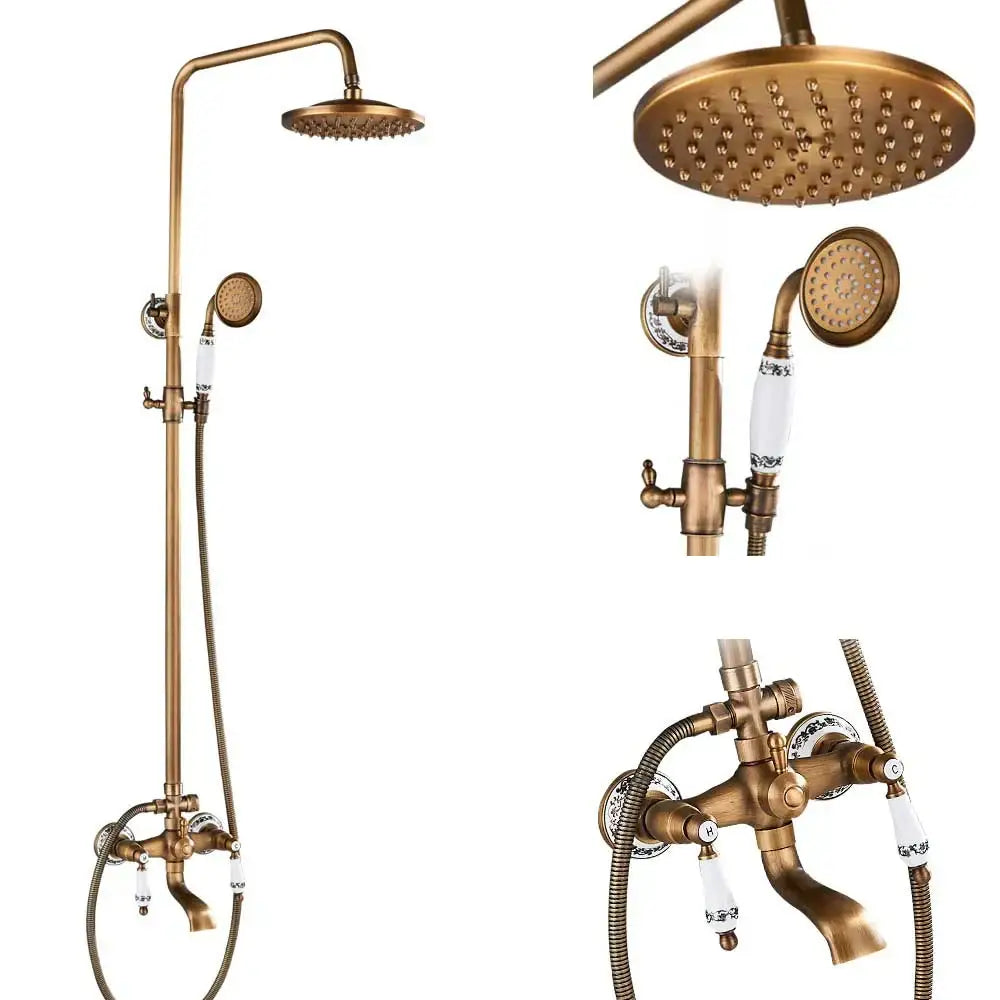 Vintage brass shower faucet mixer set bathroom rainfall head shelf