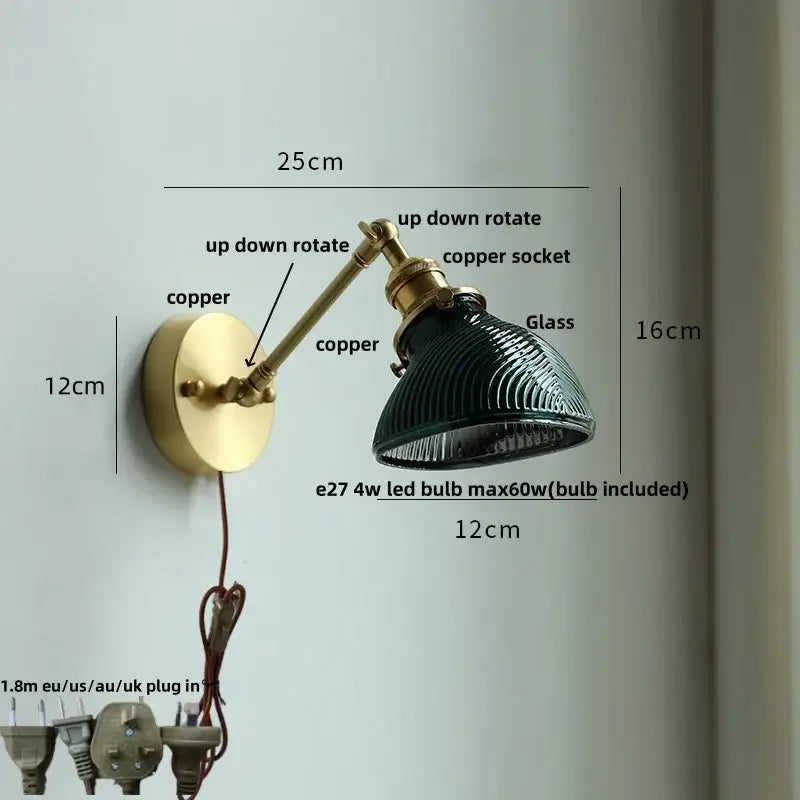 مصباح حائط نحاسي عتيق بذراع متأرجح، شمعدان زجاجي لغرفة النوم