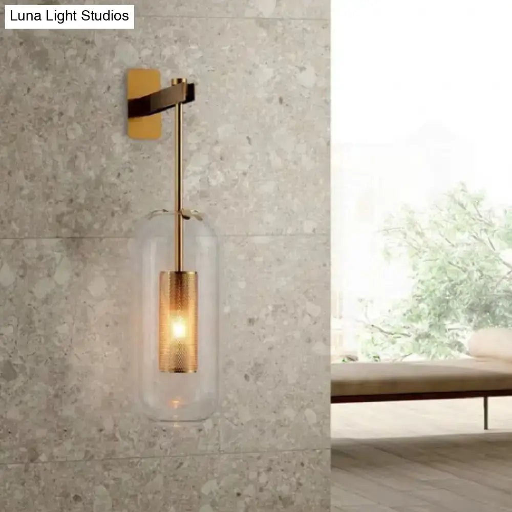 Vintage brass wall lamp with clear glass cylinder – living room sconce